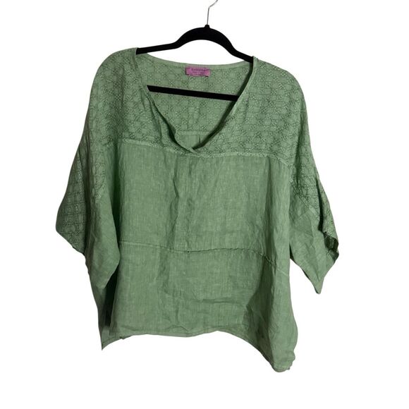 Marisima Linen Embroidered Split Neck Short Sleeve Blouse Green One Size - Picture 1 of 5